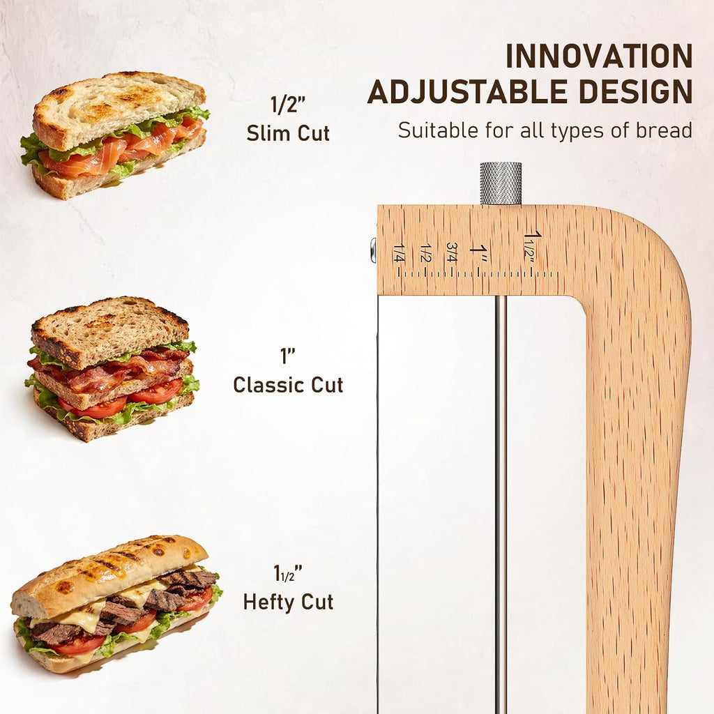 Adjustable Bread Slicer for Home Use, Wooden Sourdough Bread Knife for Homemade Bread with Bow Design, Premium