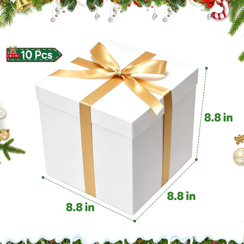 10 Pack White Gift Boxes with Lids and Gold Ribbons, 8.8 Inch