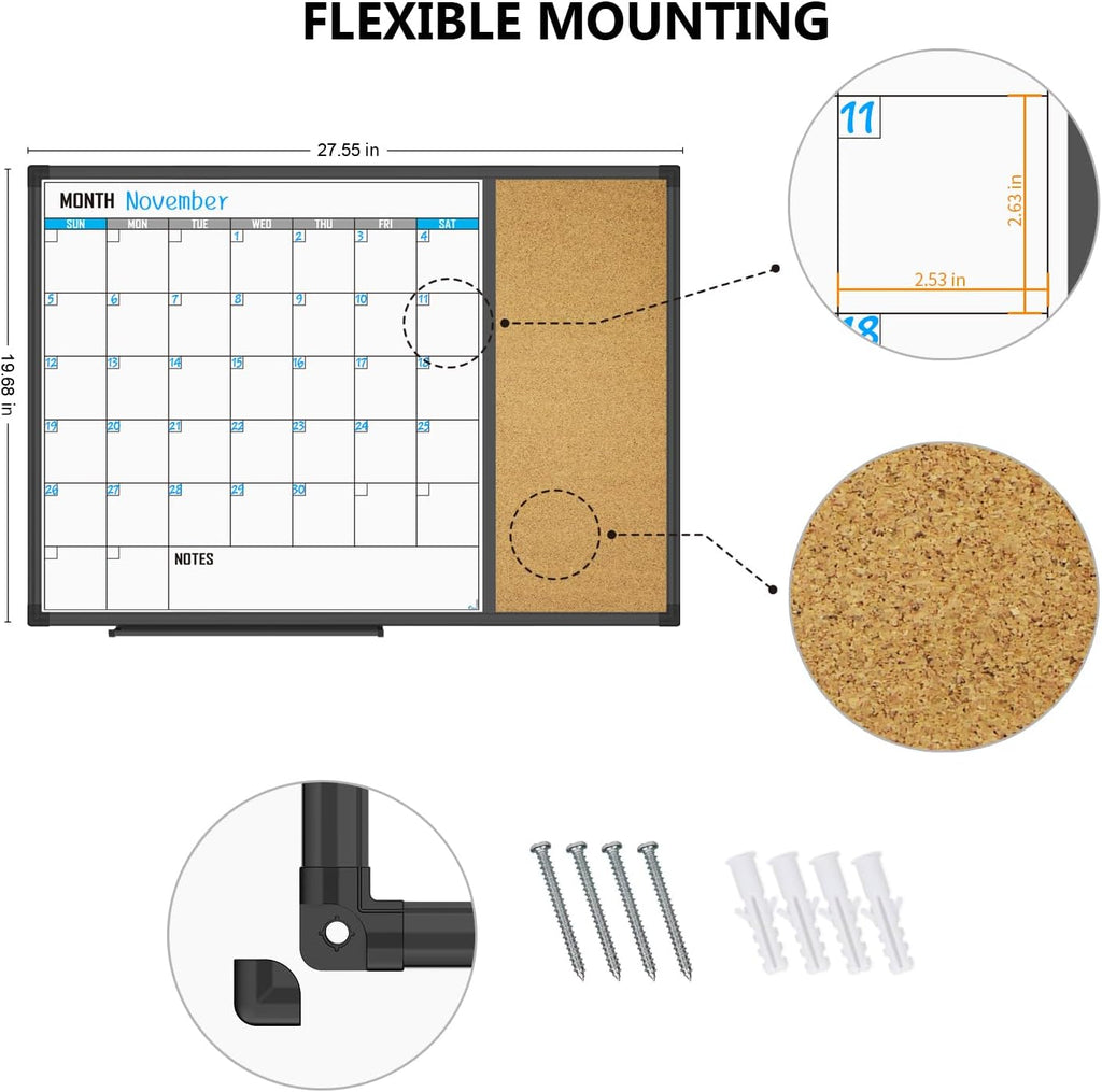 XBoard Dry Erase Calendar Whiteboard 28 X 20 - Combo White Board Calendar Monthly, Magnetic White Board + Corkboard