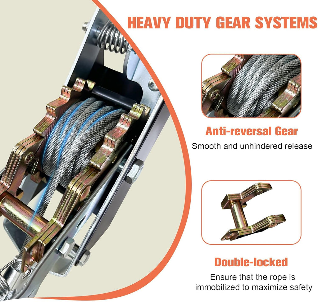 2-Ton Come Along Winch Heavy Duty 11ft Steel Cable Come Along Cable Puller with 2 Hooks Dual-Gear Come Along Tool for