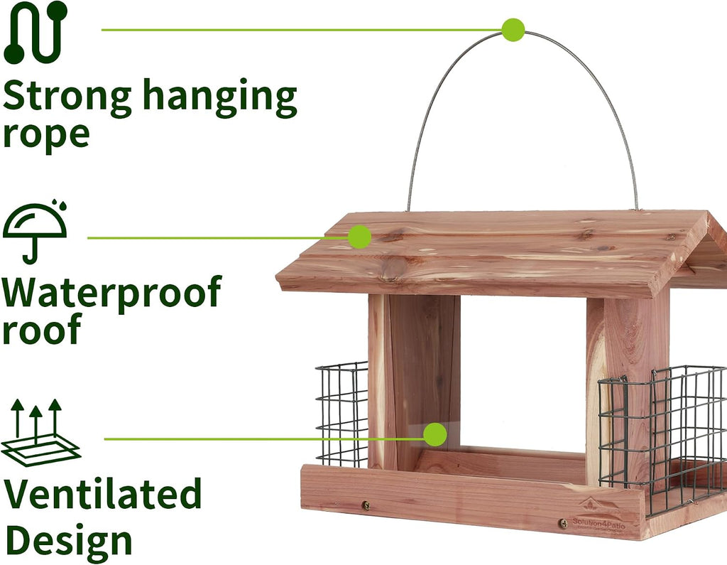 Solution4Patio Squirrel-Proof Cedar Hopper Bird Feeder, Dual Suet Holder