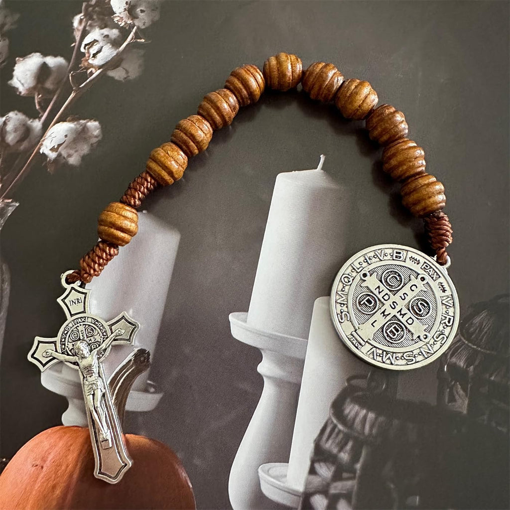 Saint Benedict Medal Prayer Pocket Rosary Catholic Brown Wood Beads with Medalla de san benitol and Crucifix, 9 Inch
