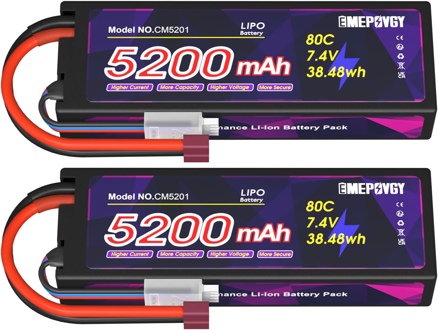 7.4V Lipo Battery 2S 5200mAh 80C Lipos Hard Case with T Connector for RC Car Trucks 1/8 1/10 RC Vehicles(2 Packs)