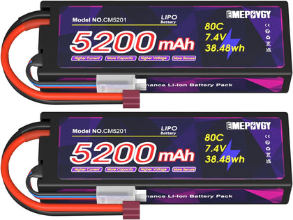 7.4V Lipo Battery 2S 5200mAh 80C Lipos Hard Case with T Connector for RC Car Trucks 1/8 1/10 RC Vehicles(2 Packs)