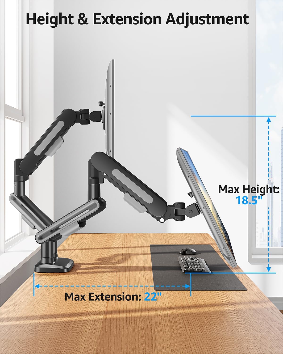 Dual Monitor Mount, Heavy Duty Monitors Arm | Holds 4.4-26.5lbs, Monitors Arm for 39 37 34 32 27inch, Height