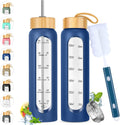 32 oz Glass Water Bottle with Straw - Motivational Time Marker & Silicone Sleeve - Reusable Tumbler Includes 2 Bamboo