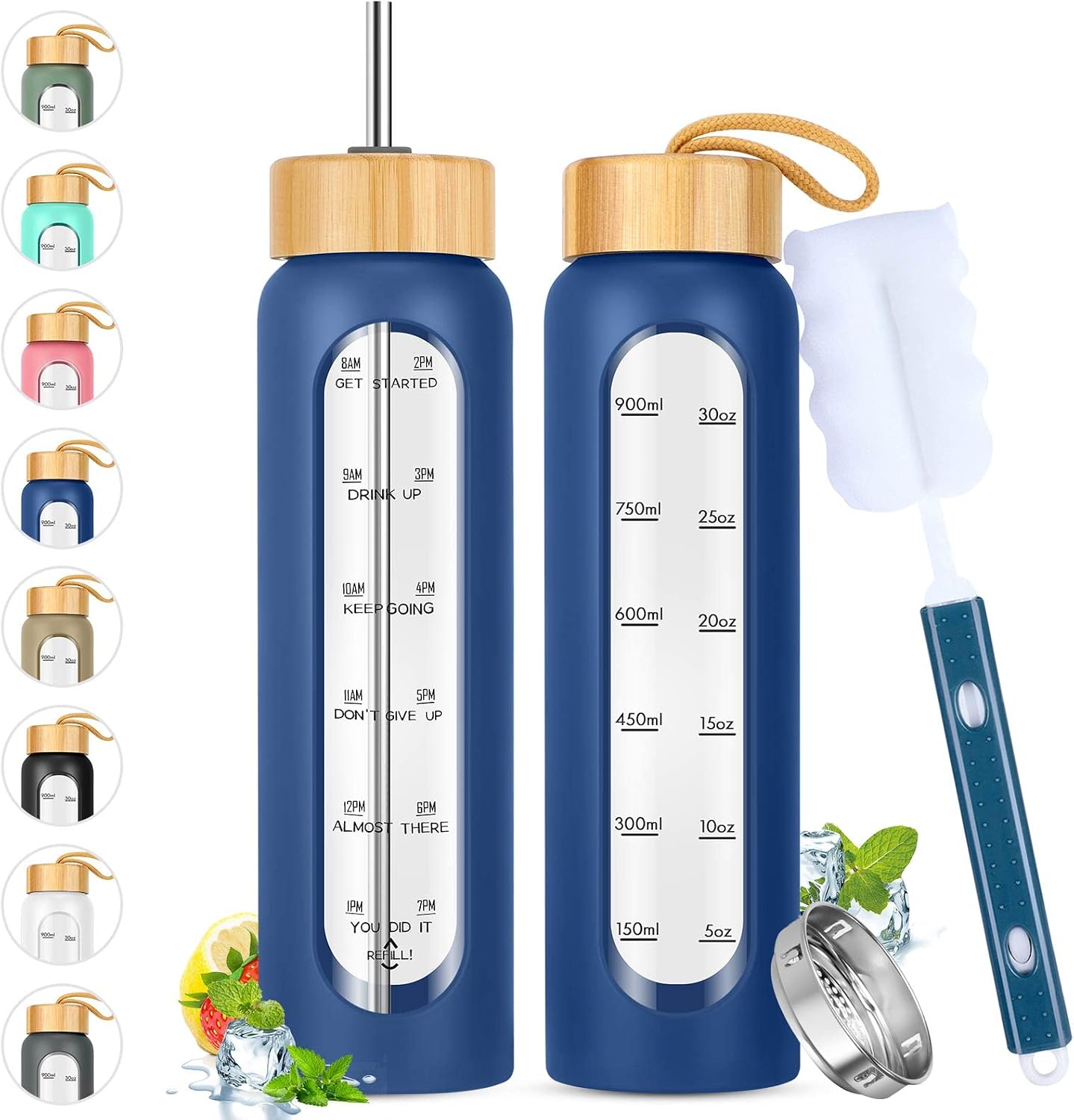 32 oz Glass Water Bottle with Straw - Motivational Time Marker & Silicone Sleeve - Reusable Tumbler Includes 2 Bamboo