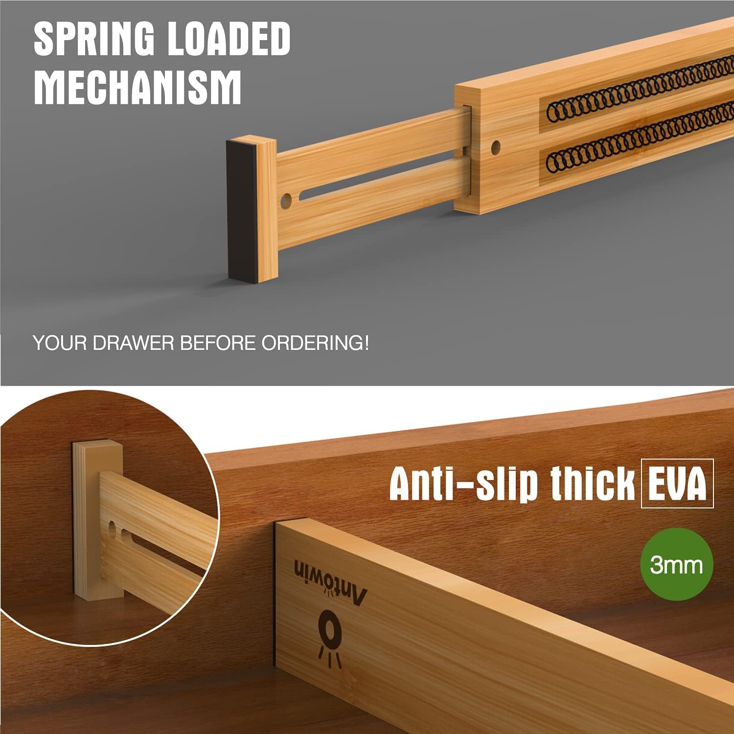 Bamboo Drawer Dividers Organizers, Drawer Separators Splitter,17-22 inches Long Adjustable Spring-loaded Organizer