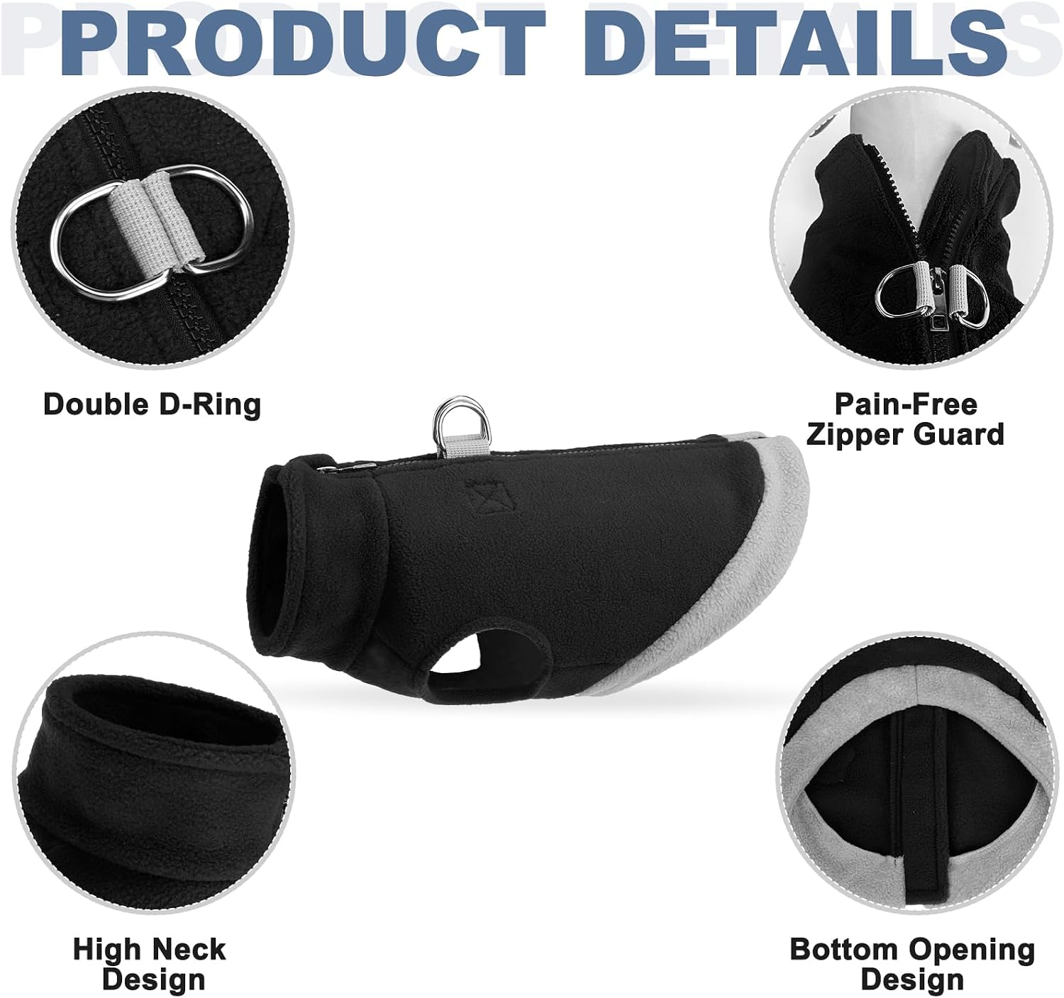 Dog Fleece Vest Sweater Zip Up Warm Pullover Step-in Dog Jacket with Dual D-Ring Leash, Winter Cold Weather