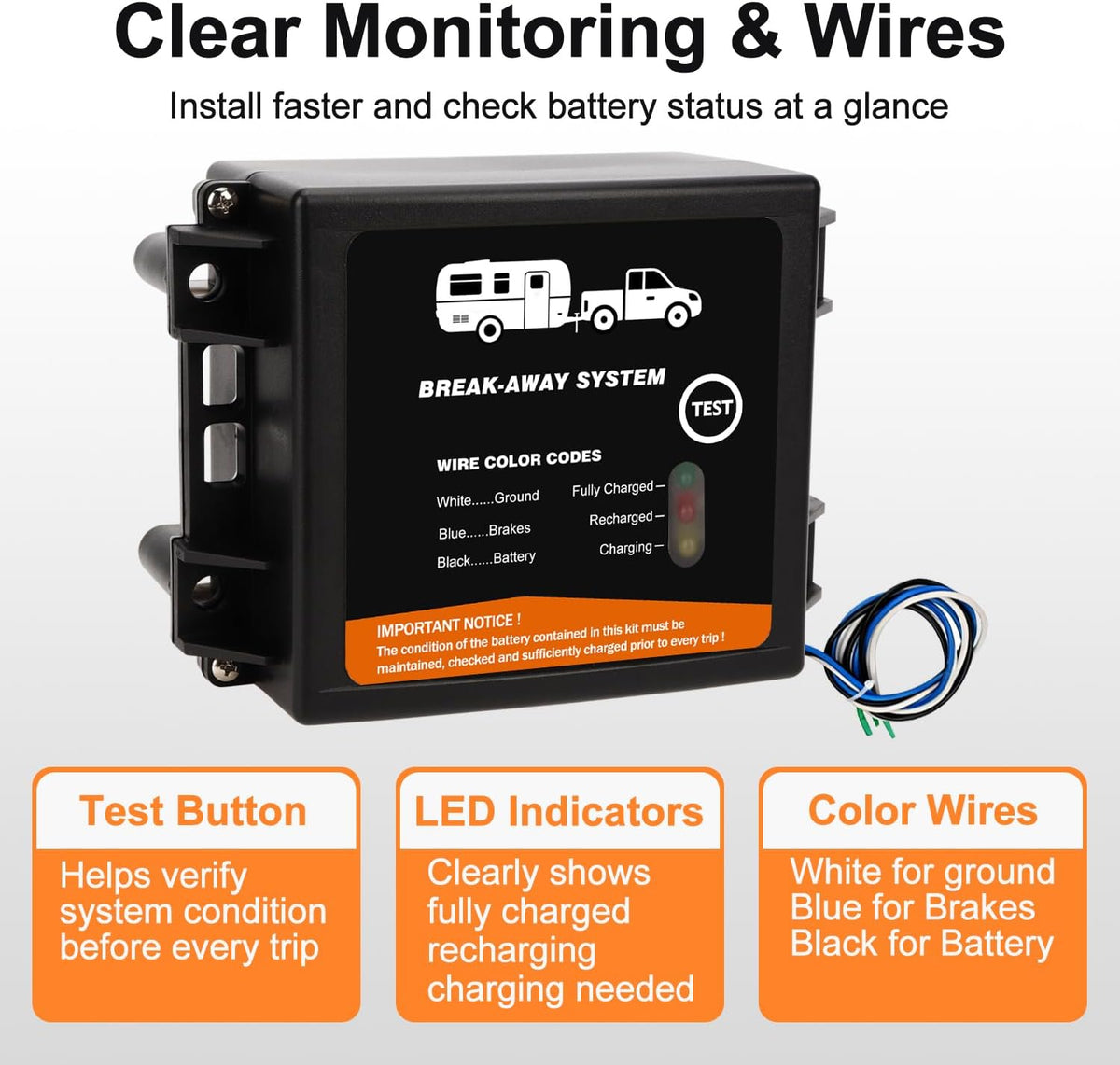 Trailer Brakes Breakaway Kit with Charger, Side Load Break-Away Controller System with Switch and LED Indicator
