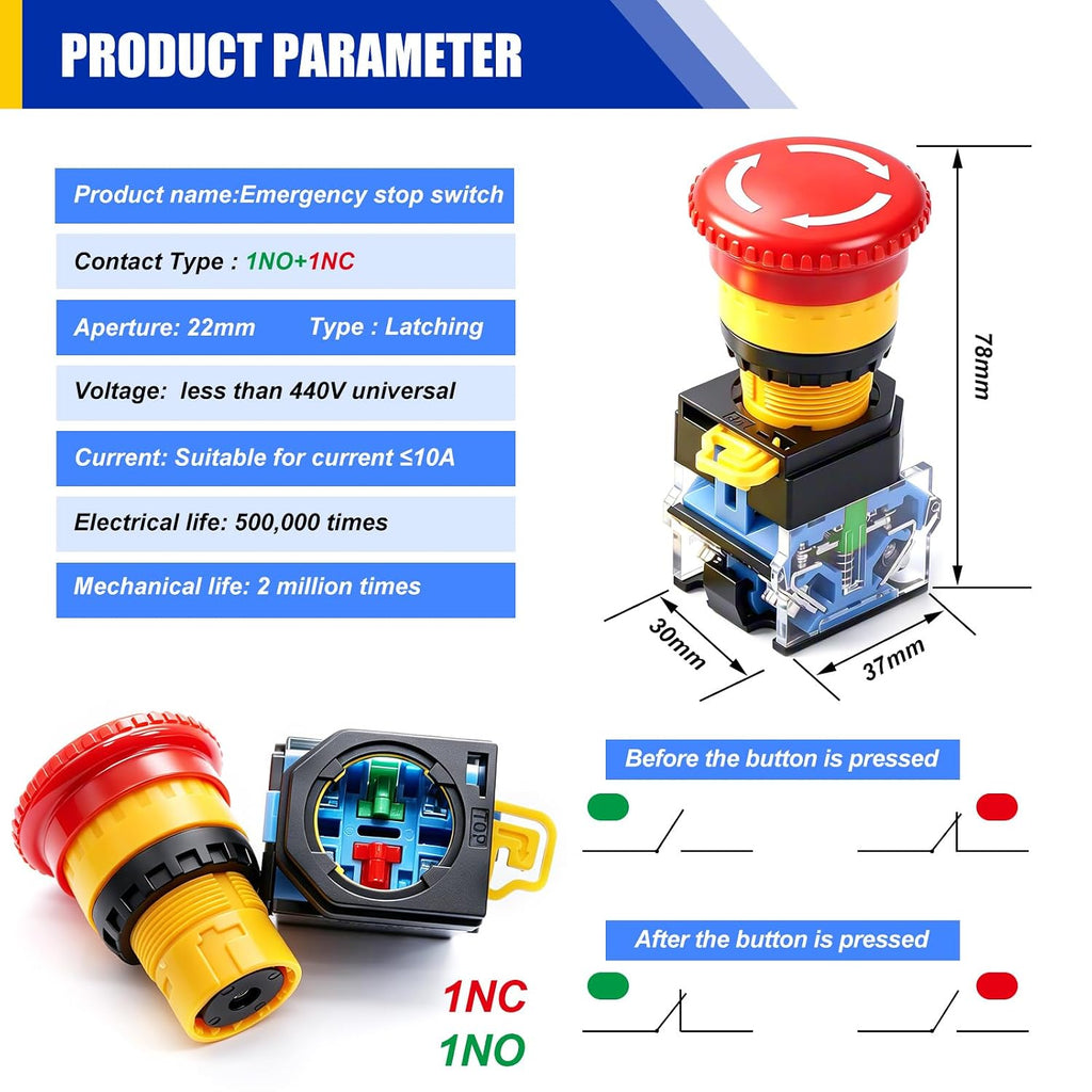 TWTADE 5Pcs 22mm Emergency Stop Push Button Switch with Transparent Protective Cover, 1NO 1NC 10A 440V E-Stop Button Switch for Industrial Control, Machine Tools and Equipment