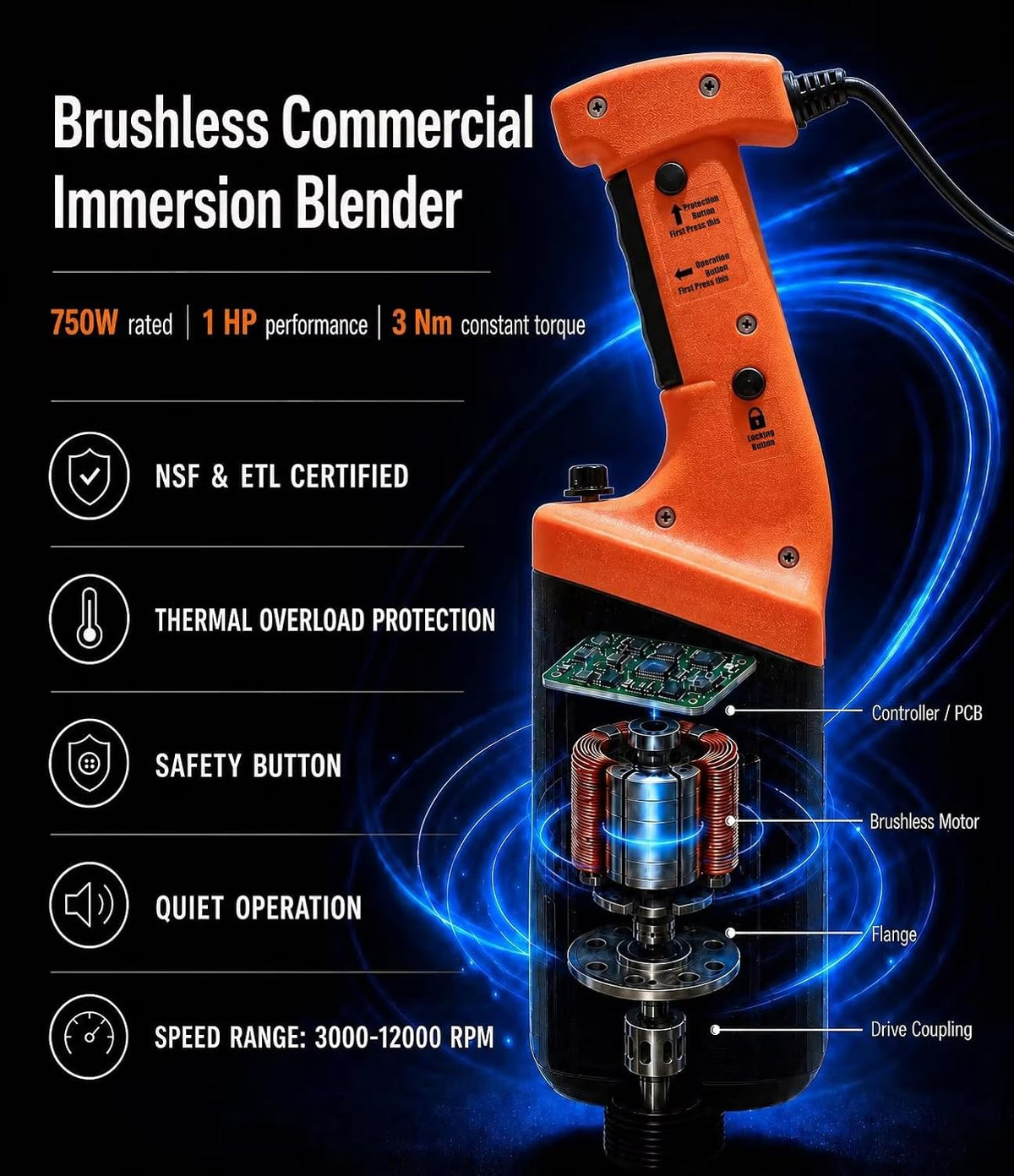 Brushless Commercial Immersion Blender 750W 21" Variable Speed NSF & ETL
