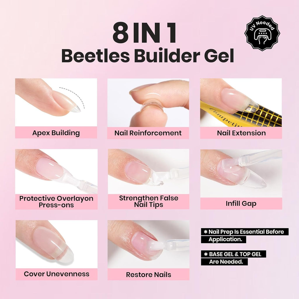 Beetles HEMA-Free Gel Top Coat & Builder Gel with Nail Bursh 2Pcs 15ml | Low Heat Hypoallergenic Clear 8 in 1 Builder