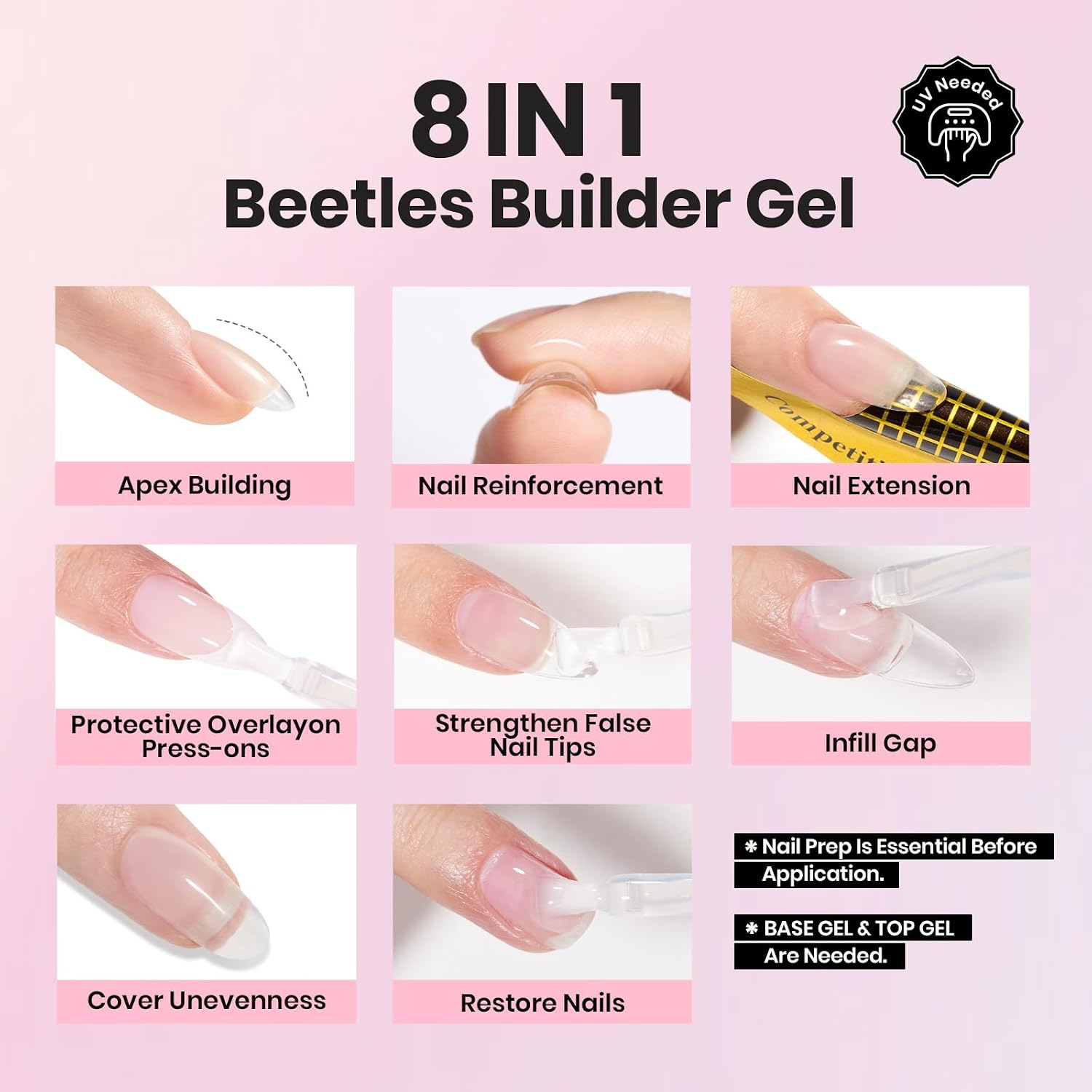 Beetles HEMA-Free Gel Top Coat & Builder Gel with Nail Bursh 2Pcs 15ml | Low Heat Hypoallergenic Clear 8 in 1 Builder