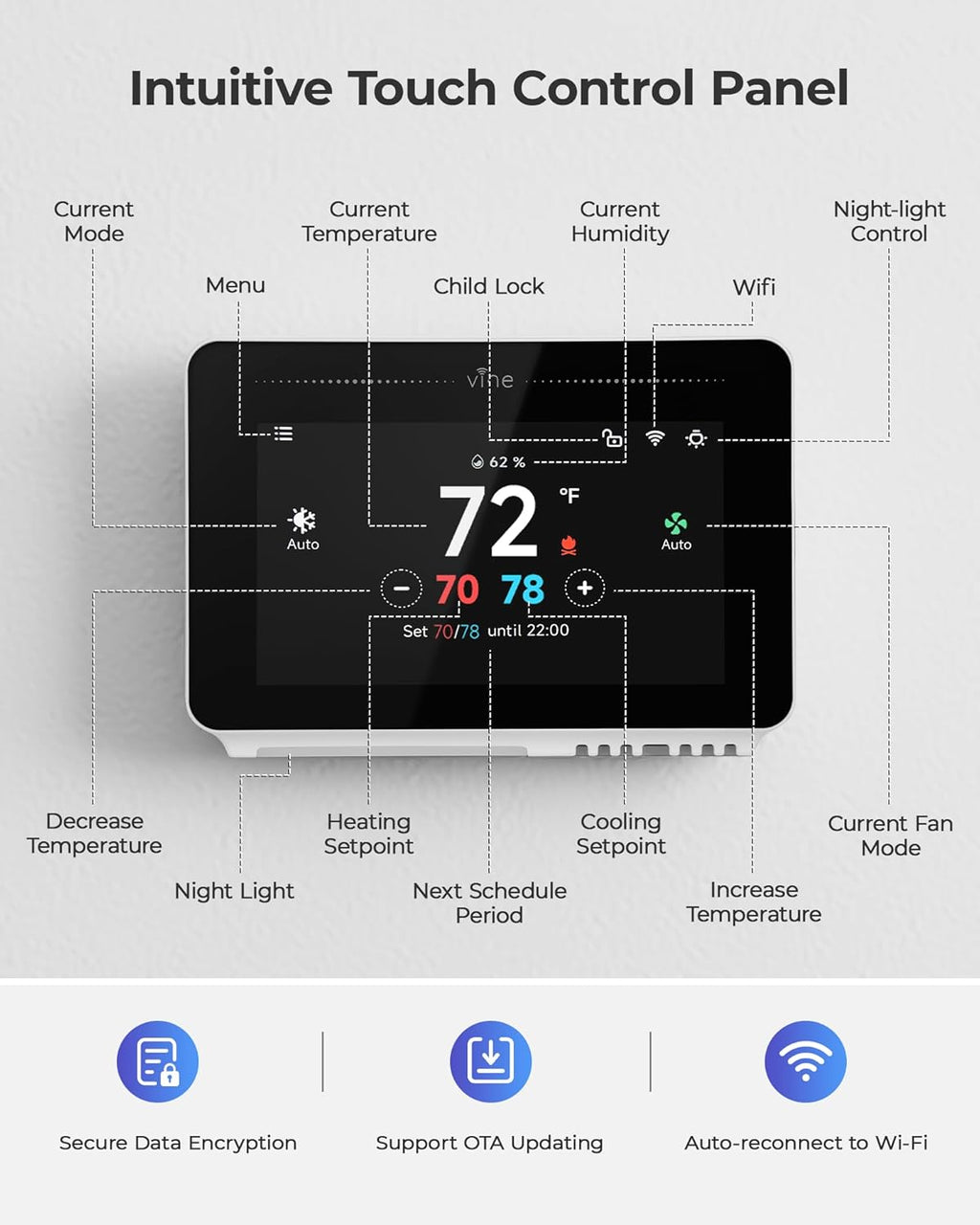 Smart Thermostat for House with Nightlight, 4.3 Inches WiFi Thermostats for Home Compatible with Alexa and Google
