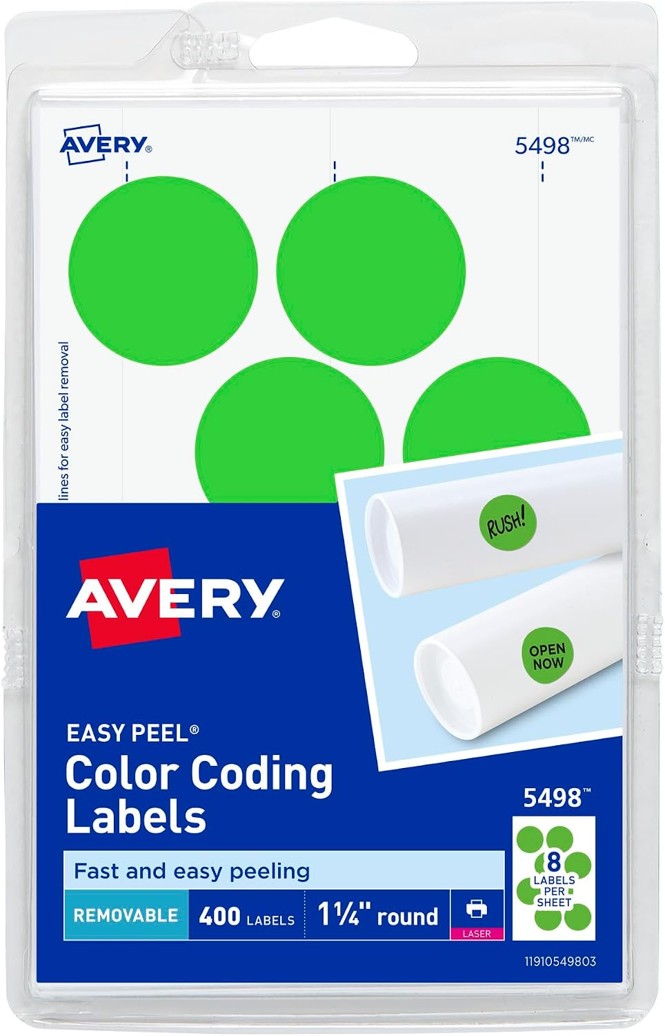 5498 Removable Print or Write Color Coding Labels for Laser Printers, 1-1/4 Round - Neon Green (Pack of 400)