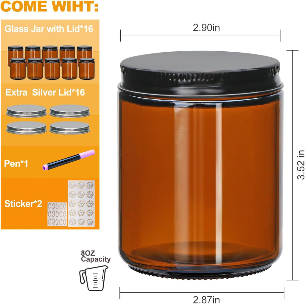 16 Pack Dark Amber Candle Jars, 8 oz Glass Jars with Lids | Amber Glass Jars with Lids, Candle Jars with Silver Lids