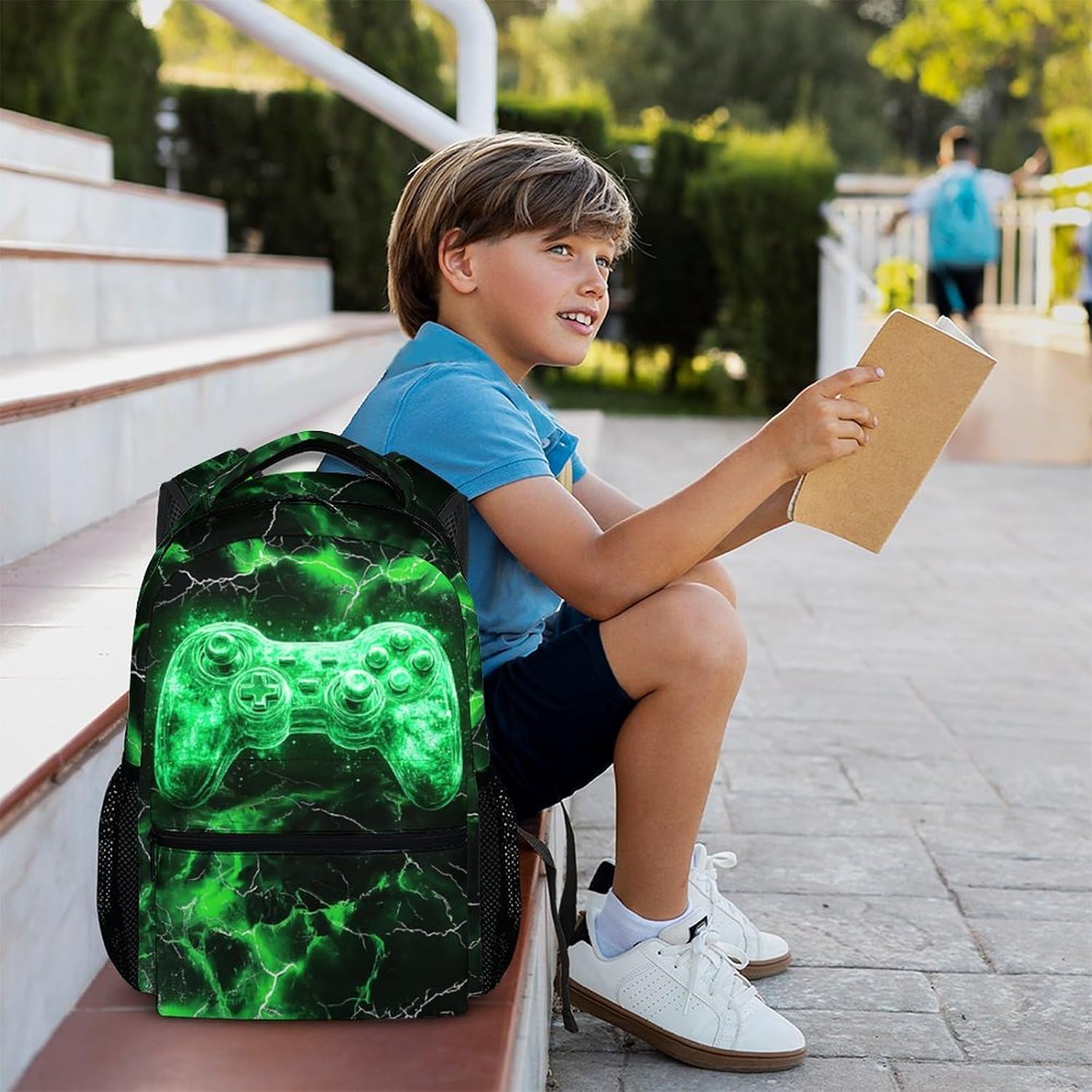 Kids Backpack, Cool Green Gamer Bookbag for Boys 6-8, Boys Gift for Birthday, 17 Inch Leisure Backpack for School