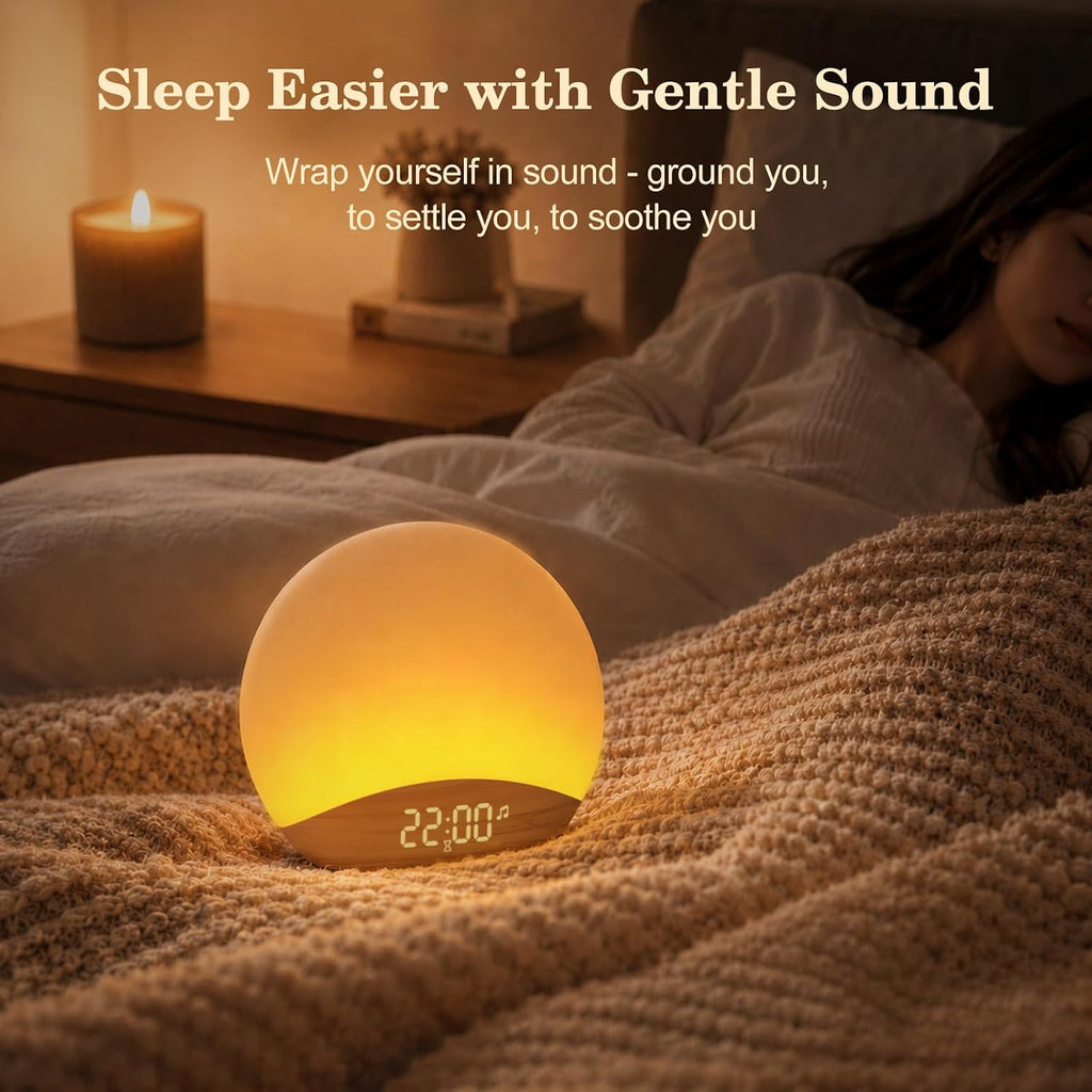 Wood Grain Sunrise Alarm Clock and Sound Machine Nightlight | Digital Dimmable Clock for Bedroom, 26 Sleep Sounds