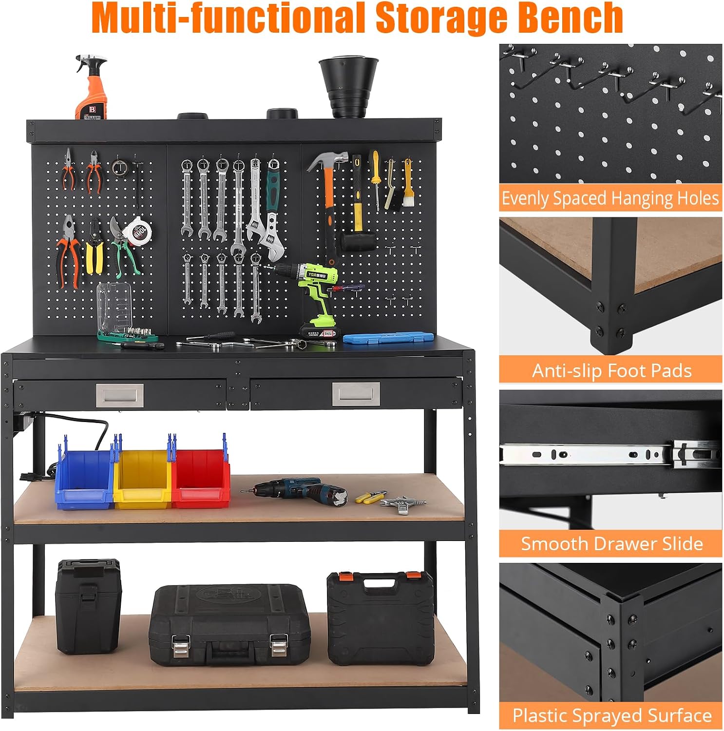 48" Heavy Duty Steel Garage Workbench with Pegboard & Storage, 2 Storage Shelves & 2 Drawers, 1000 LBS Load Capacity