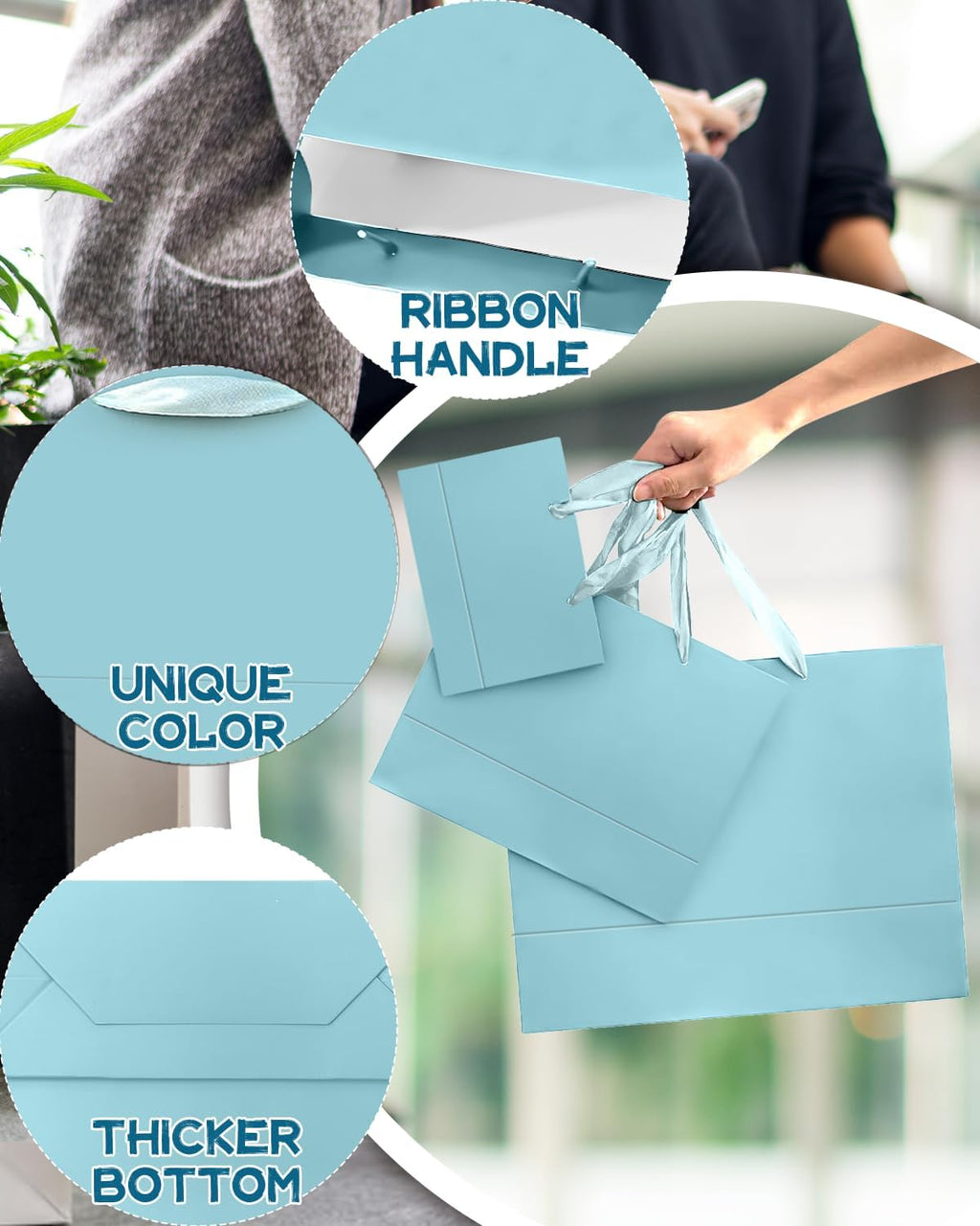24PCS Lake Blue Gift Bags with Ribbon Handles Mulit Assorted Sizes Gift Wide Bags (4pcs Large 13", 10pcs Medium 9.6"
