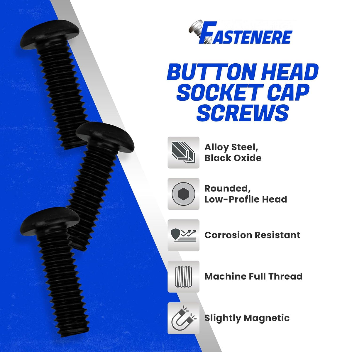 Fastenere Button Head Socket Cap Screws - 1/2-13 x 1-3/4" (5-Pcs) Alloy Steel, Fully Threaded, Fine Black Oxide Finish, Corrosion-Resistant, Machine Thread, Easy to Install w/Allen Hex Drive