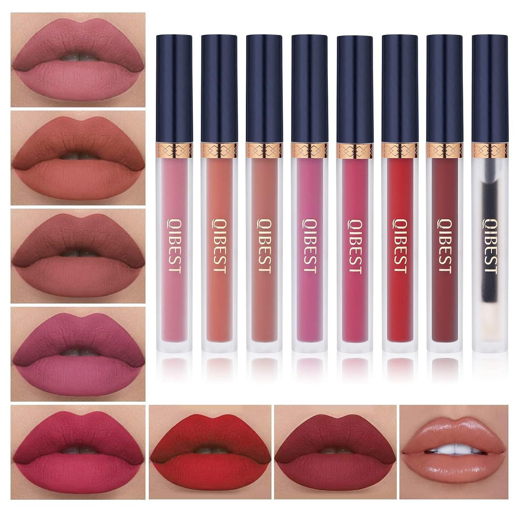 7Pcs Matte Liquid Lipstick + 1Pcs Lip Plumper Makeup Set Kit, Pigmented Long Lasting Lip Gloss Set, Velvet Waterproof