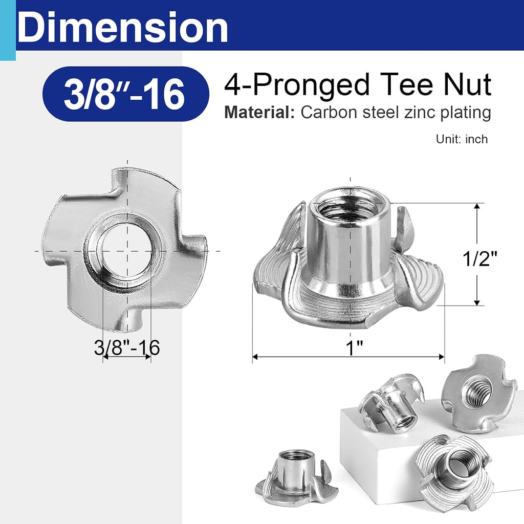 50PCS 3/8"-16 T Nuts for Wood, Zinc-Plated 4-Prong Tee Nuts