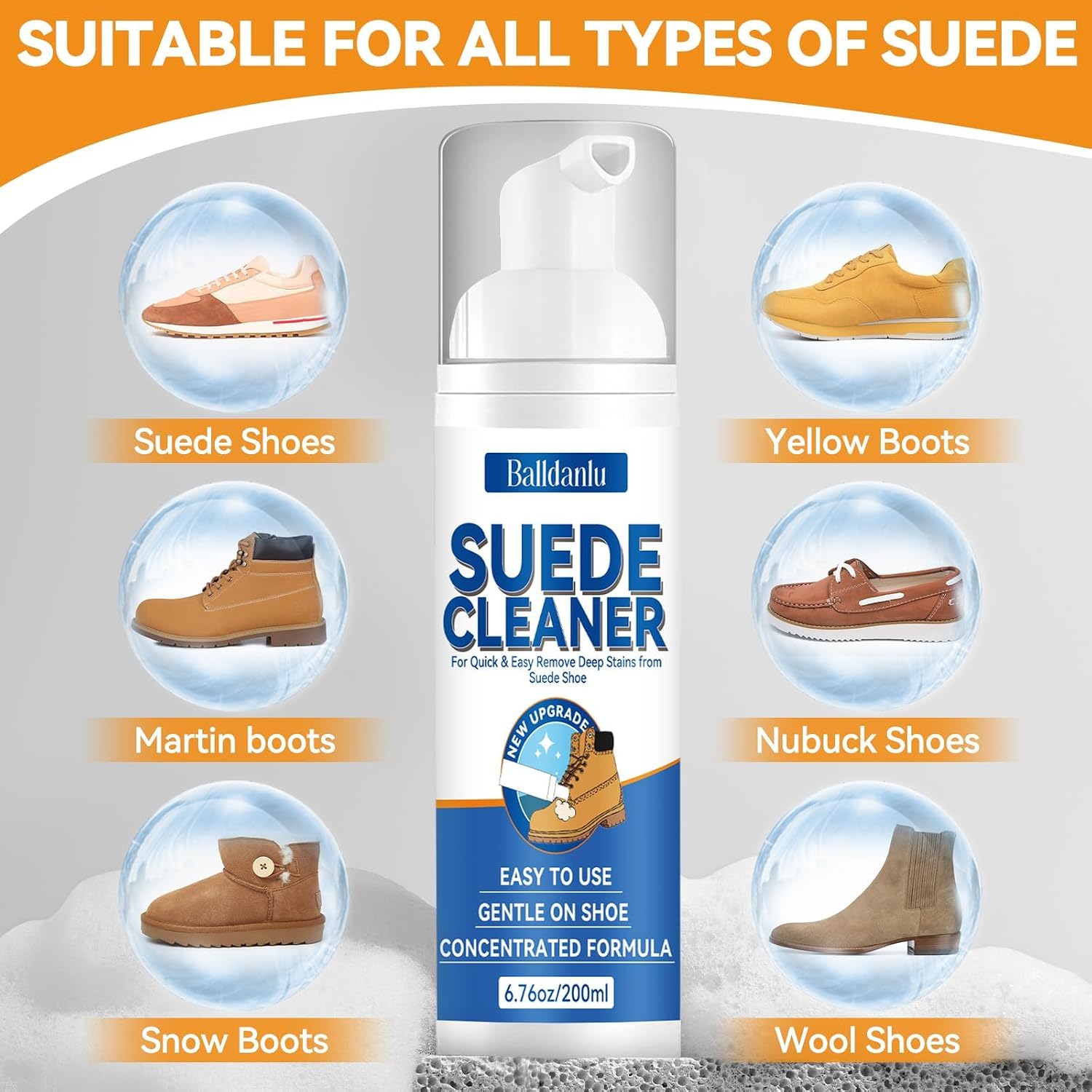 Suede Shoe Cleaner, 6.76 Oz Suede and Nubuck Cleaner, No-Rinse Foam Shoe Cleaner Kit for Leather, Boots, Knit, Canvas