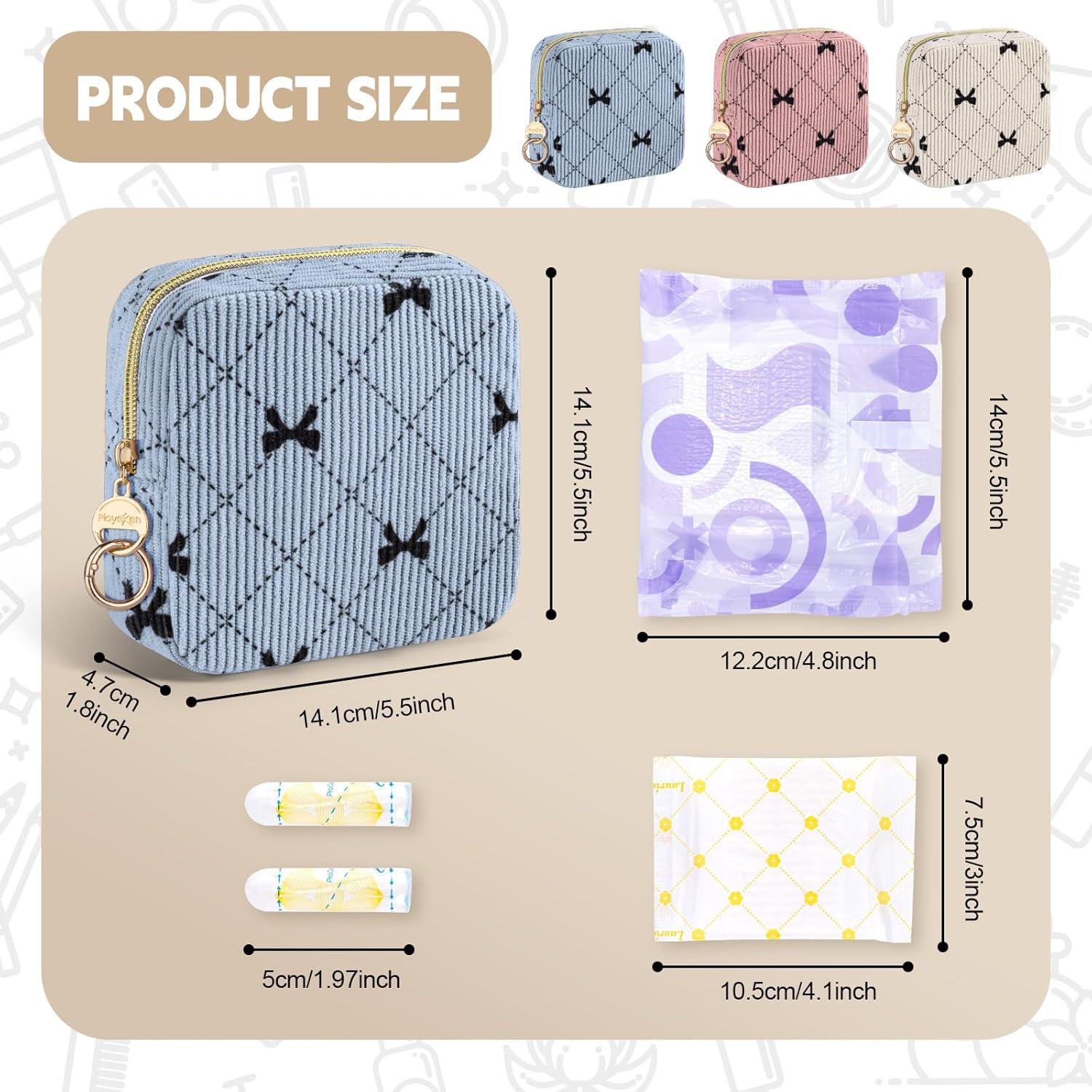 Period Bag for Teen Girls, Corduroy Sanitary Napkin Pouch, B-Beige | Bow Menstrual Pad Pouches Tampon Holder for