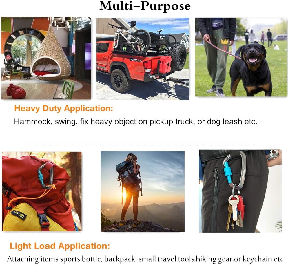 12kN (2697 lbs) Heavy Duty Locking Carabiner Clips for Outdoor, Camping, Hiking, Securing Pets, Hammock, Dog Leash