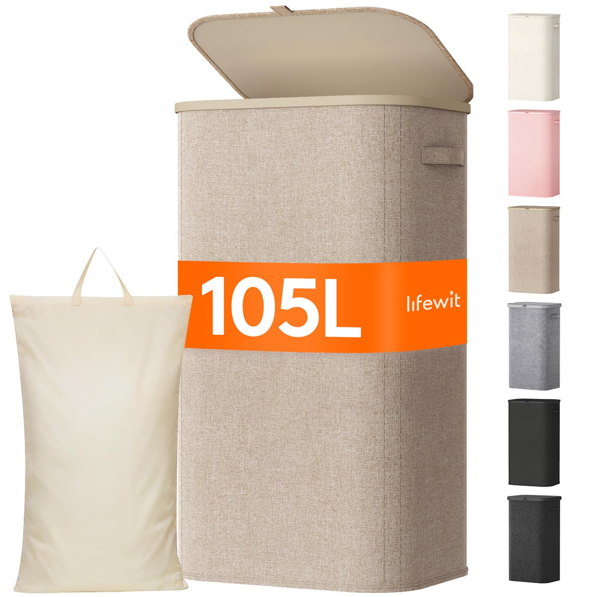 105L Large Laundry Hamper with Lid, Removable Inner Bag, Beige
