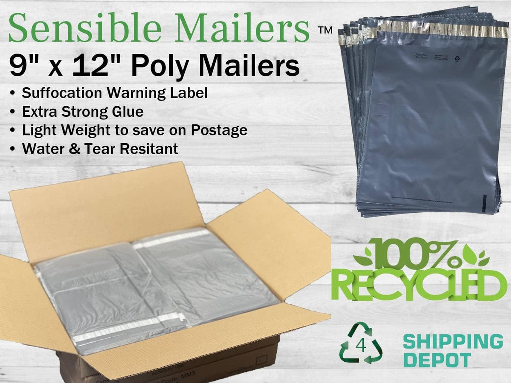 Sensible Mailers – 50 Pack of 9x12” Fully Recycled Poly Mailers Grey – Shipping Envelopes for Small Business