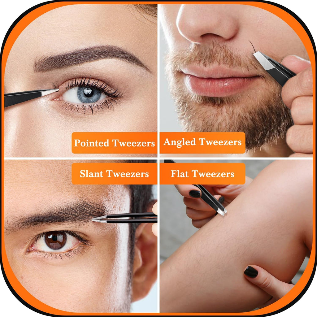 Tweezers for Men, 8 in 1 Professional Eyebrow Tweezers Kit with Eyebrow Trimmer & Scissors, Razor, Brush, Skin Care
