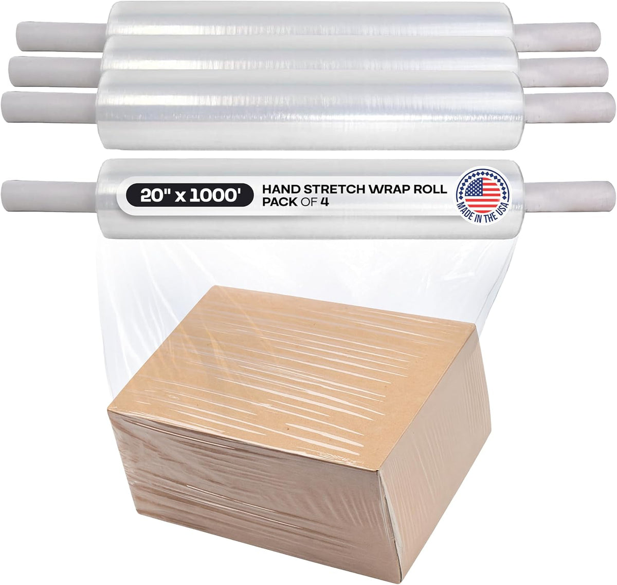 20" x 1000' 80G Hand Stretch Wrap Rolls with Handles, 4-Pack