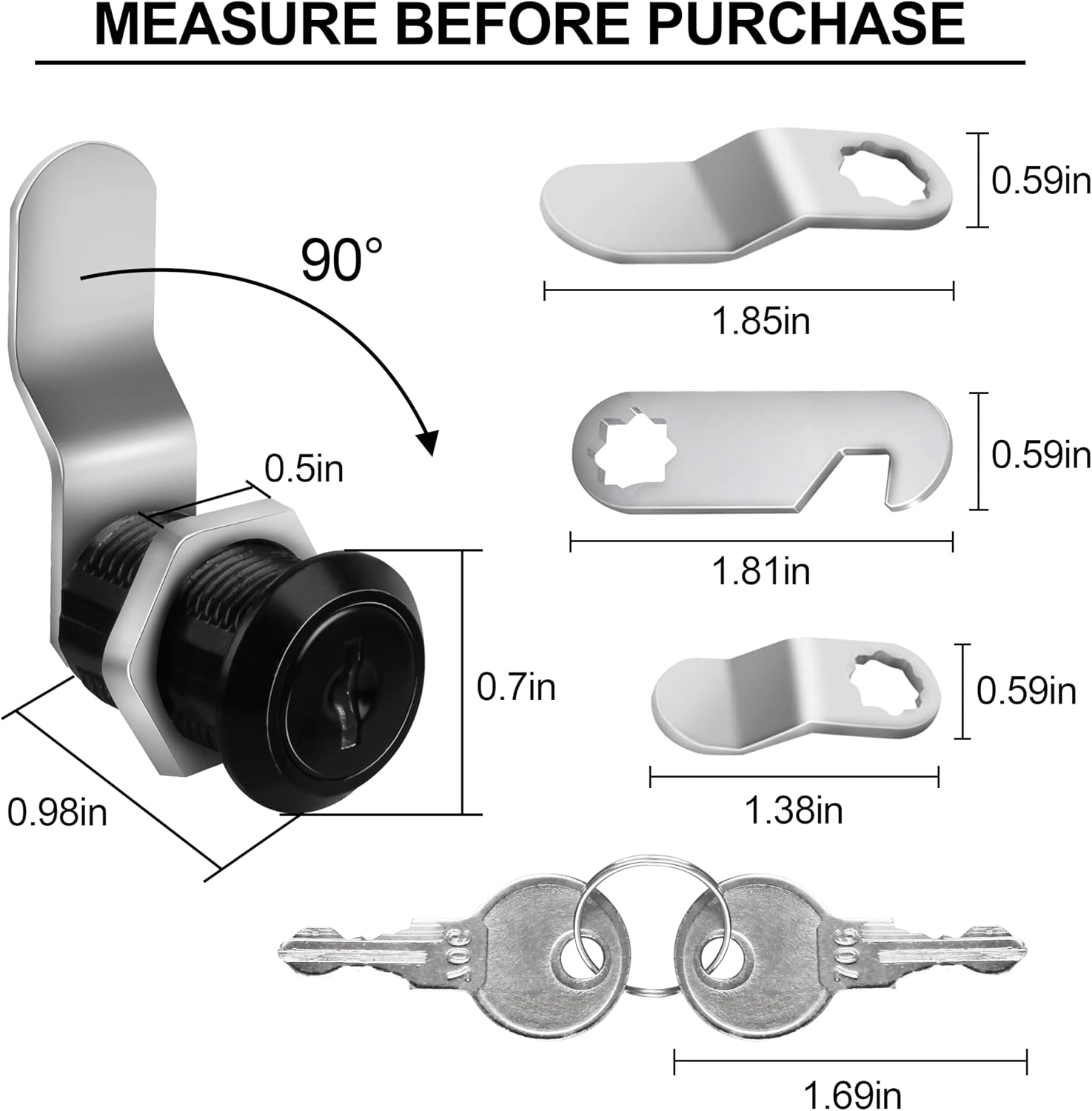 Cabinet Cam Lock with Keys, Keyed Alike,1-1/8 in.,Zinc Alloy,2 Sets