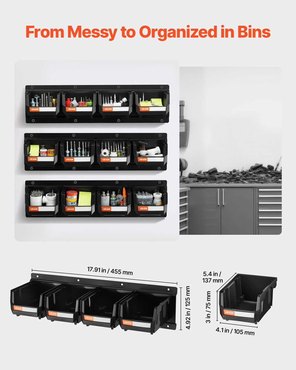 Wall Mounted Storage Bins, 12 Plastic Bins & 3 Metal Rails, Plastic Hanging Stackable Storage Bin for Screws, Nuts
