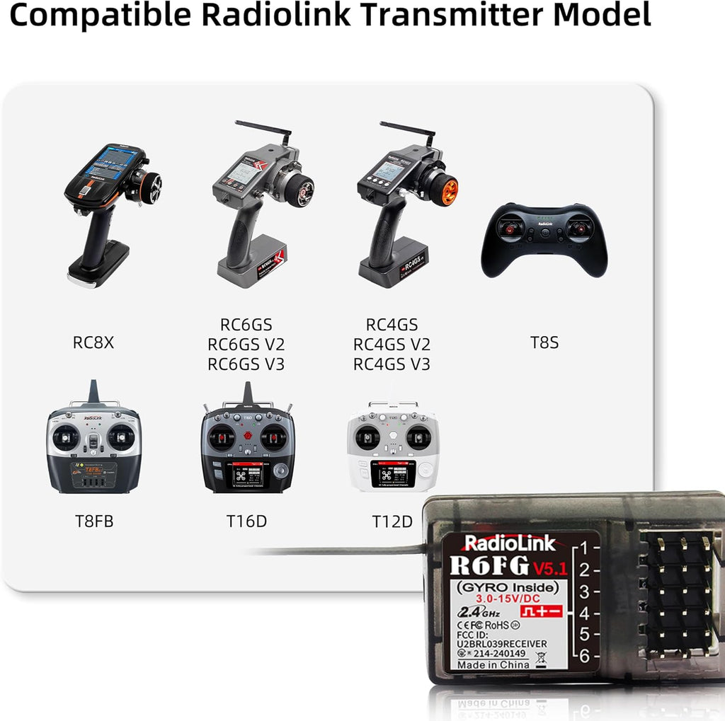 R6FG 6 Channels 2.4G RC Gyro Receiver Long Range Control for Car | for Vehicle Drifting/Crawler/Truck/Boat Works with