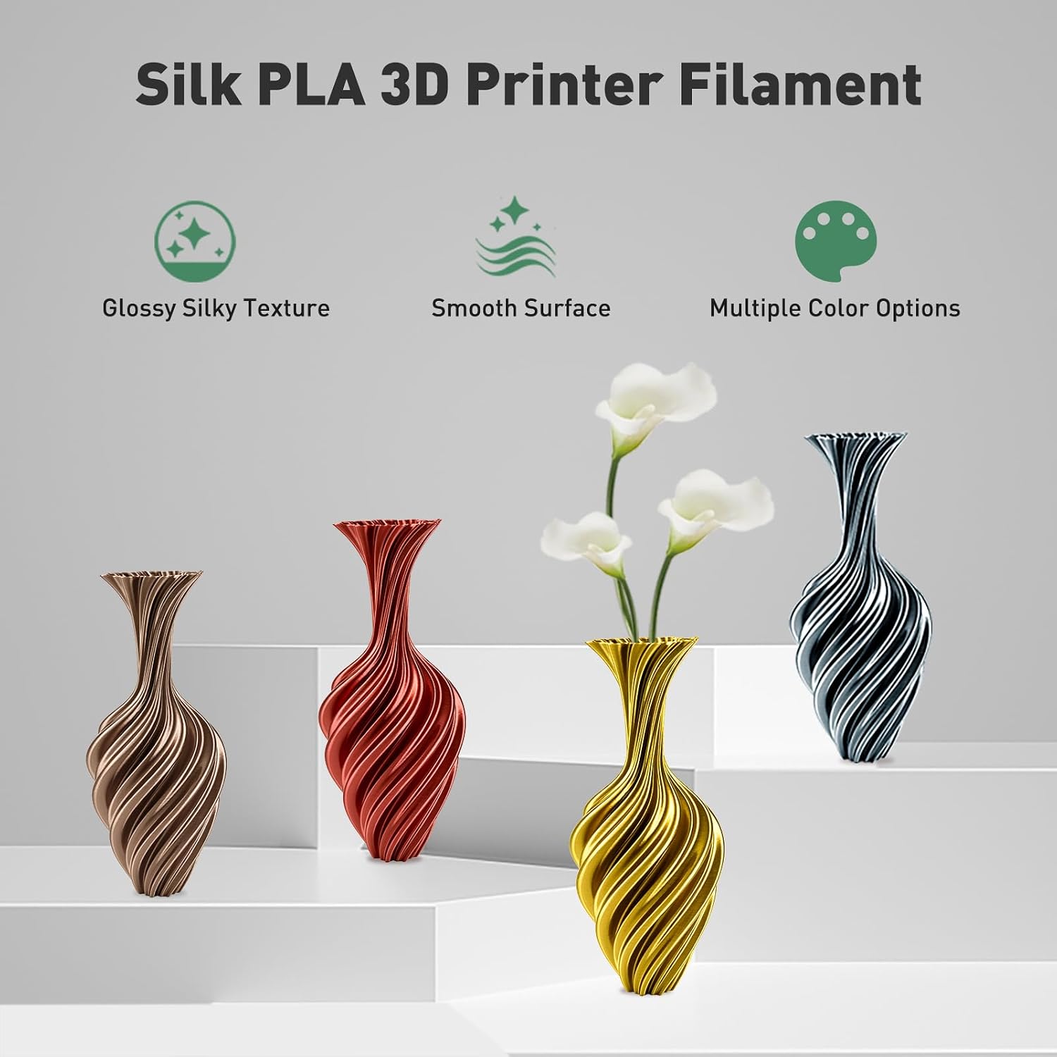 PLA Filament 3D Printer Filament Bundle Multicolor 1.75mm +/- 0.03mm, PLA Filament 250g Spool, 4 Rolls, Silk Pla 3