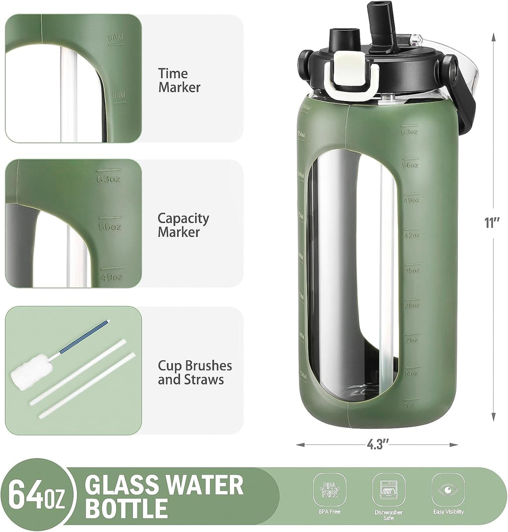 64oz Glass Water Bottles with Straw Time Marker Half Gallon Large Motivational Water Bottle with Silicone Sleeve 2