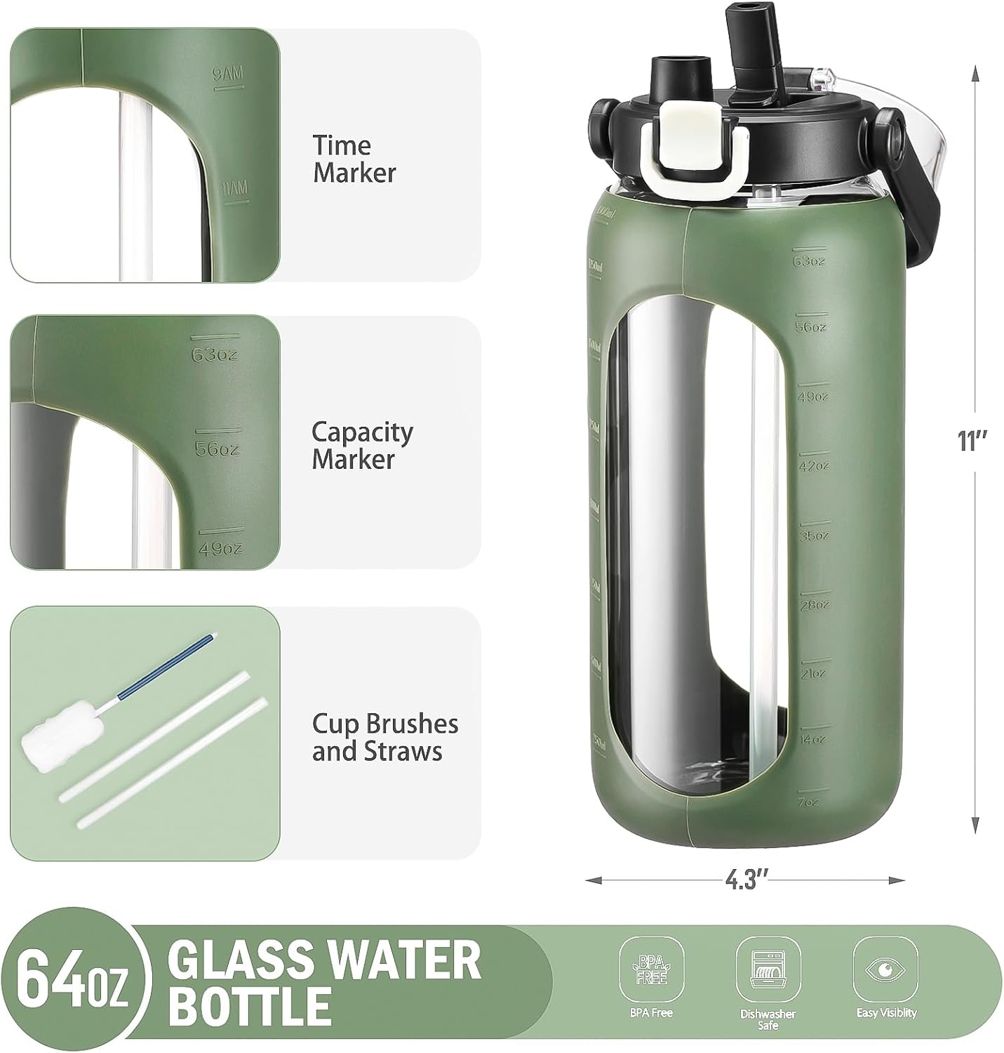 64oz Glass Water Bottles with Straw Time Marker Half Gallon Large Motivational Water Bottle with Silicone Sleeve 2