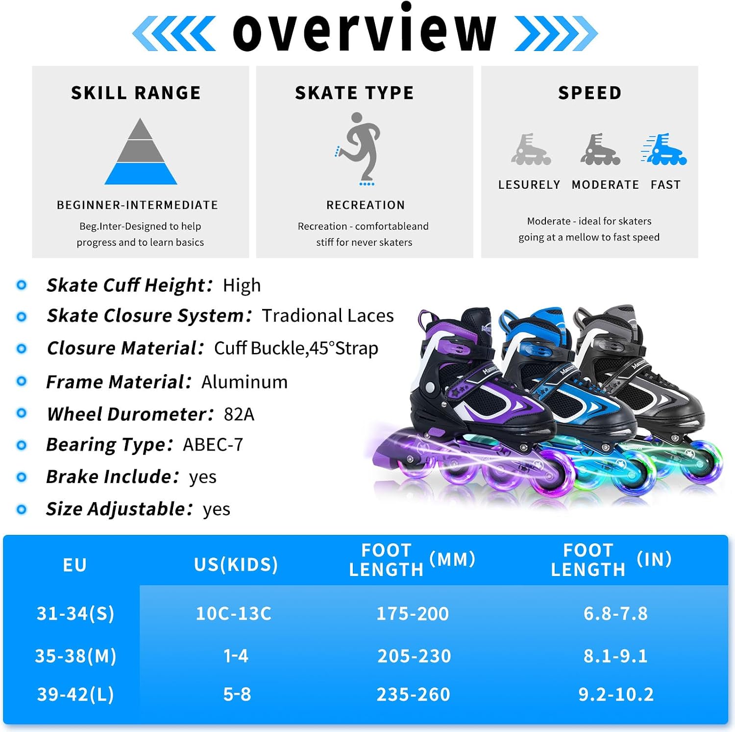 Adjustable Inline Skates for Kids Boys Girls Youth Blades Roller Skates with Light up Wheels Ages 4-16