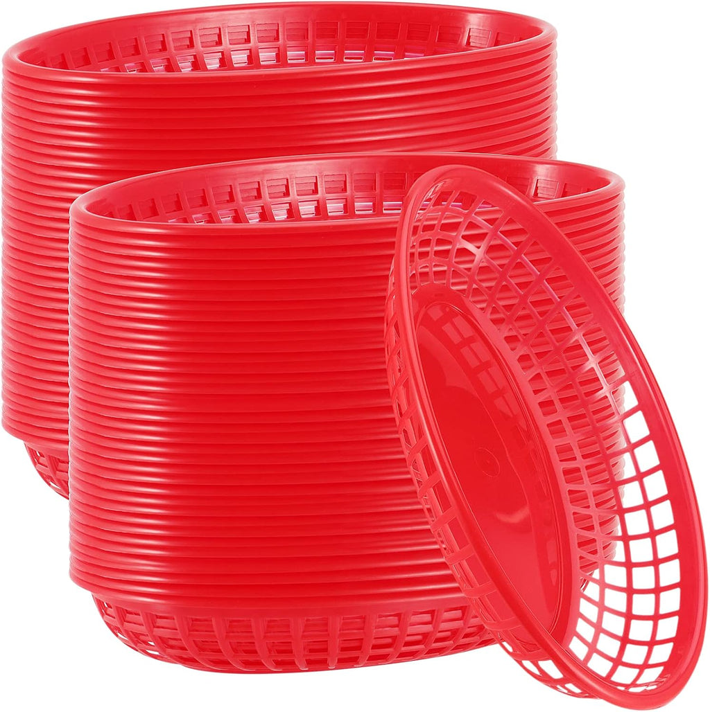 60 Pack Red Plastic Fast Food Serving Baskets, 9 x 5.6 x 1.5 Inch Oval Restaurant Serving Baskets for Bread, Fried