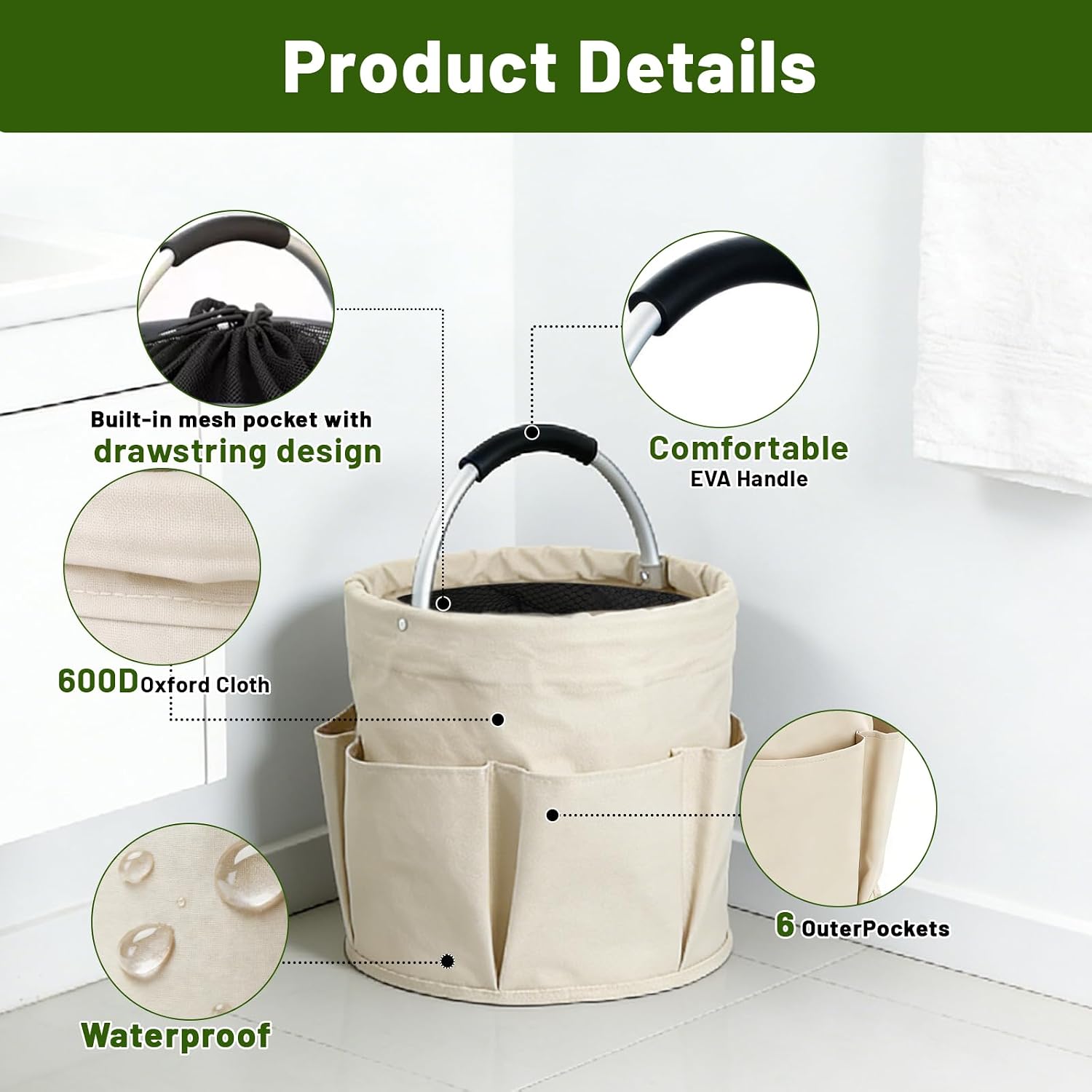 17L Foldable Cleaning Caddy with Handle - Portable Oxford Fabric Storage Bucket, Organiser for Cleaning Supplies