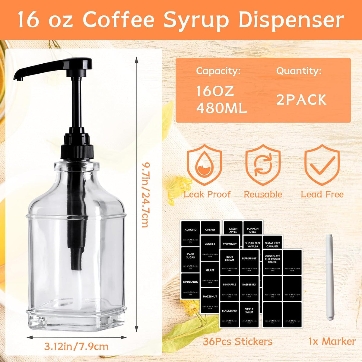 16 oz 2 Pack Glass Coffee Syrup Dispenser with 1/4oz Black Pump
