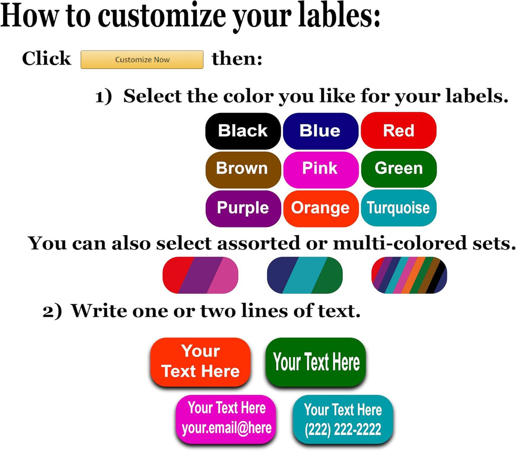 75 Personalized Waterproof Name Labels. Press and Stick Multi use Custom Name Labels. Customized 2 Lines of Text and