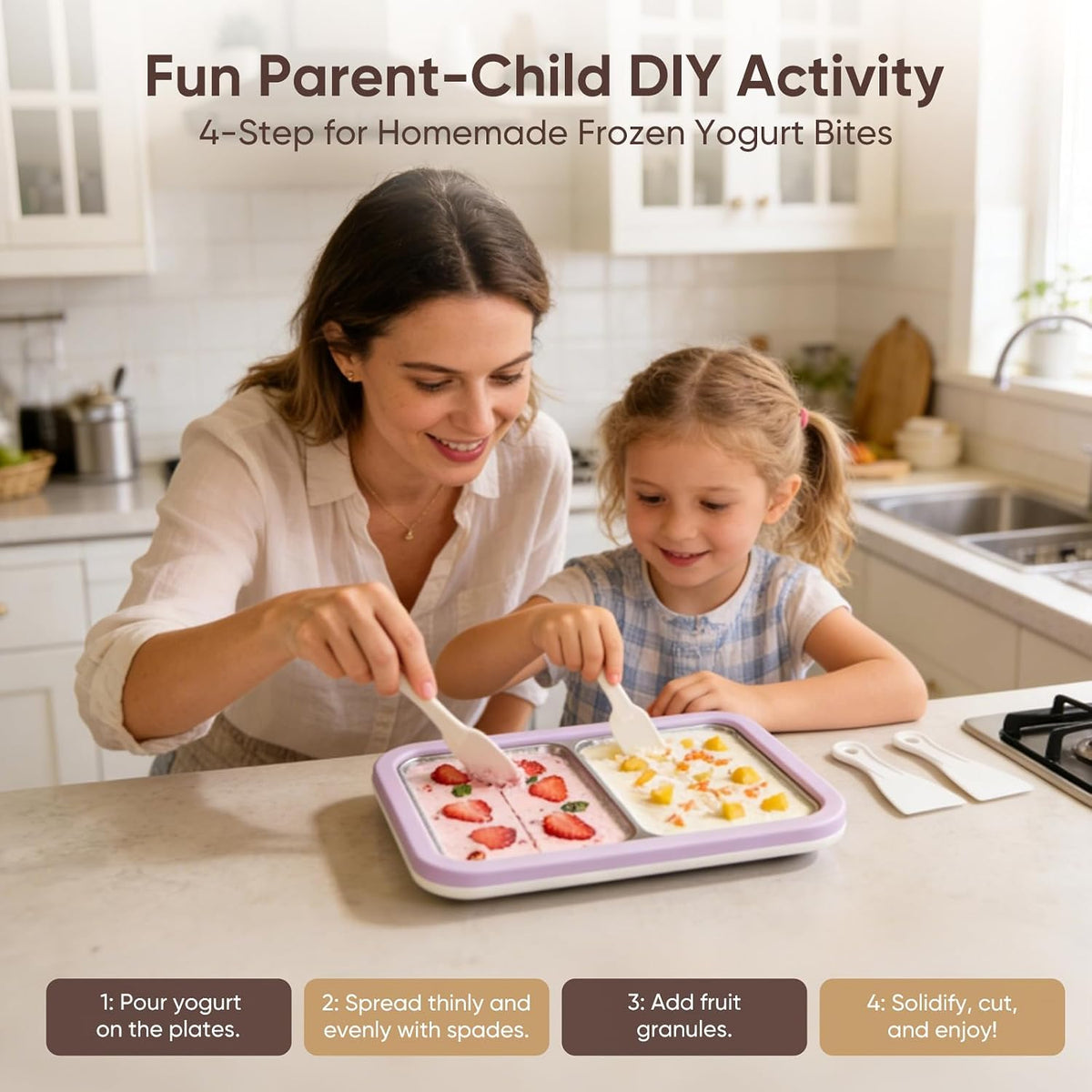 Rolled Ice Cream Maker, Dual Trays Instant Ice Cream Maker with 4 Spatulas