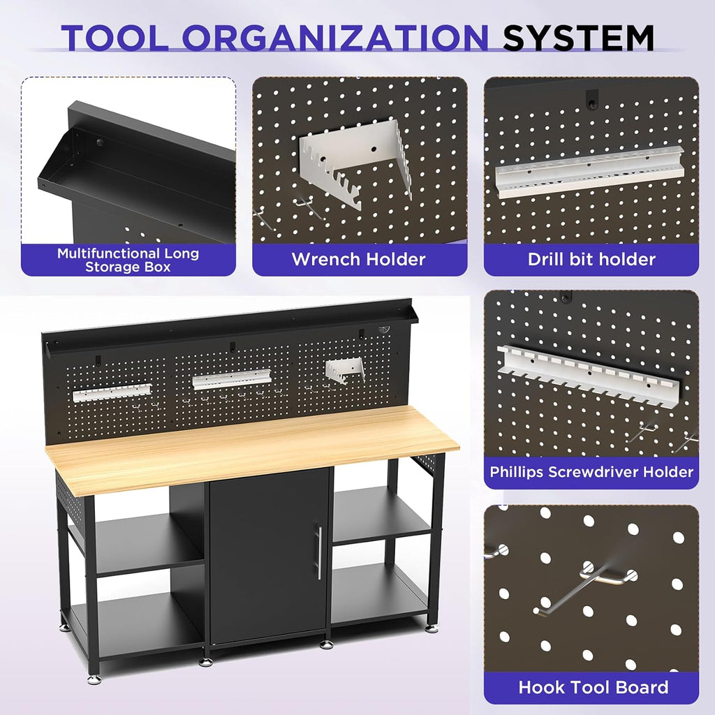 60 inch Workbench with Storage Locker and LED Lights, 2000 lb Capacity Heavy Duty Workbench for Garage, Height