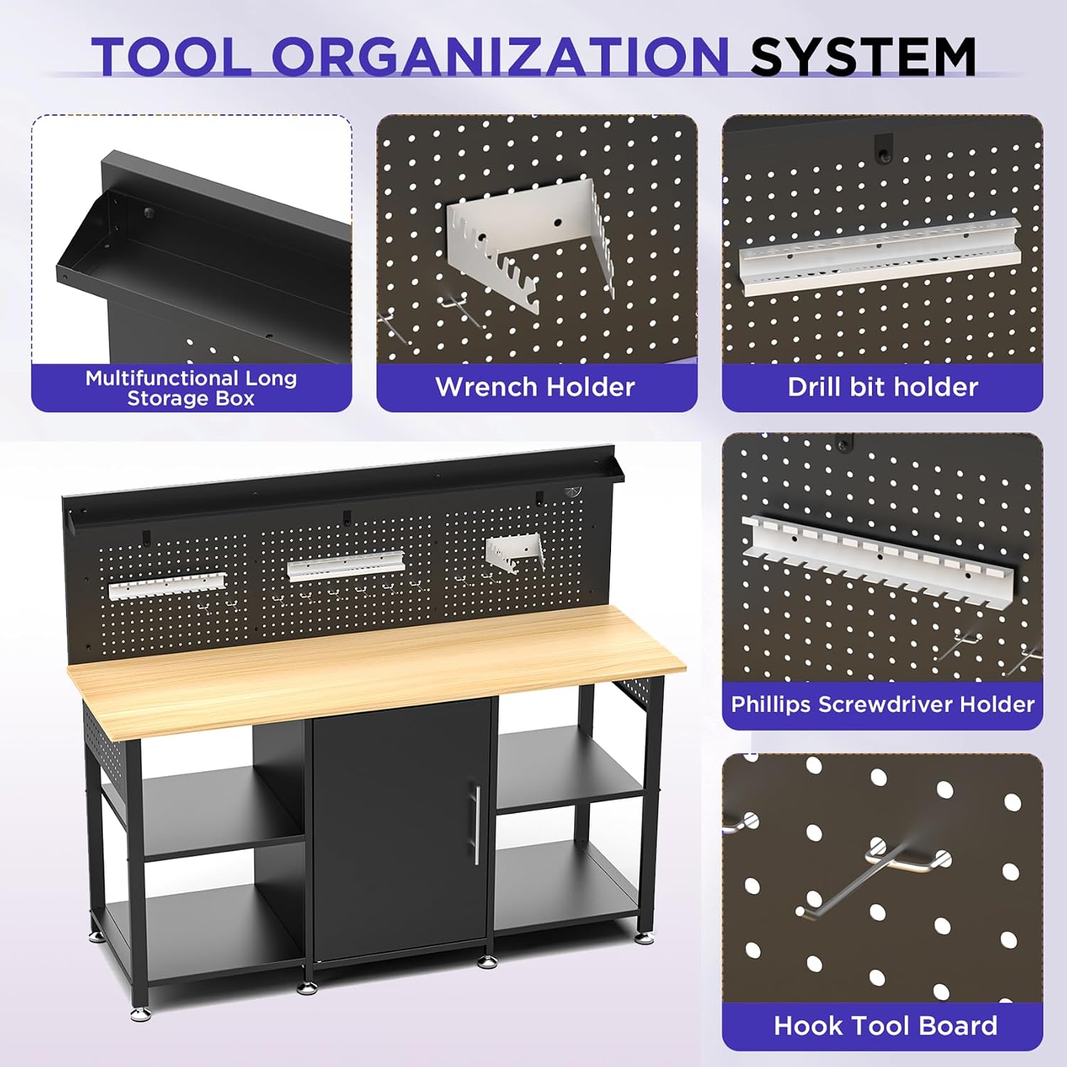 60 inch Workbench with Storage Locker and LED Lights, 2000 lb Capacity Heavy Duty Workbench for Garage, Height