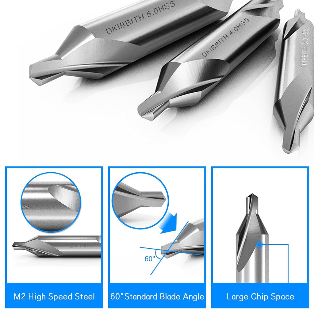 DKIBBITH 5pc Long Center Drill Bit Set, M2 HSS 60-Degree Angle 4'' Overall Length Center Drill Bits Kit, Countersink Tools for Metalworking Lathe Milling and Countersinking, Size 1.0 2.0 3.0 4.0 5.0